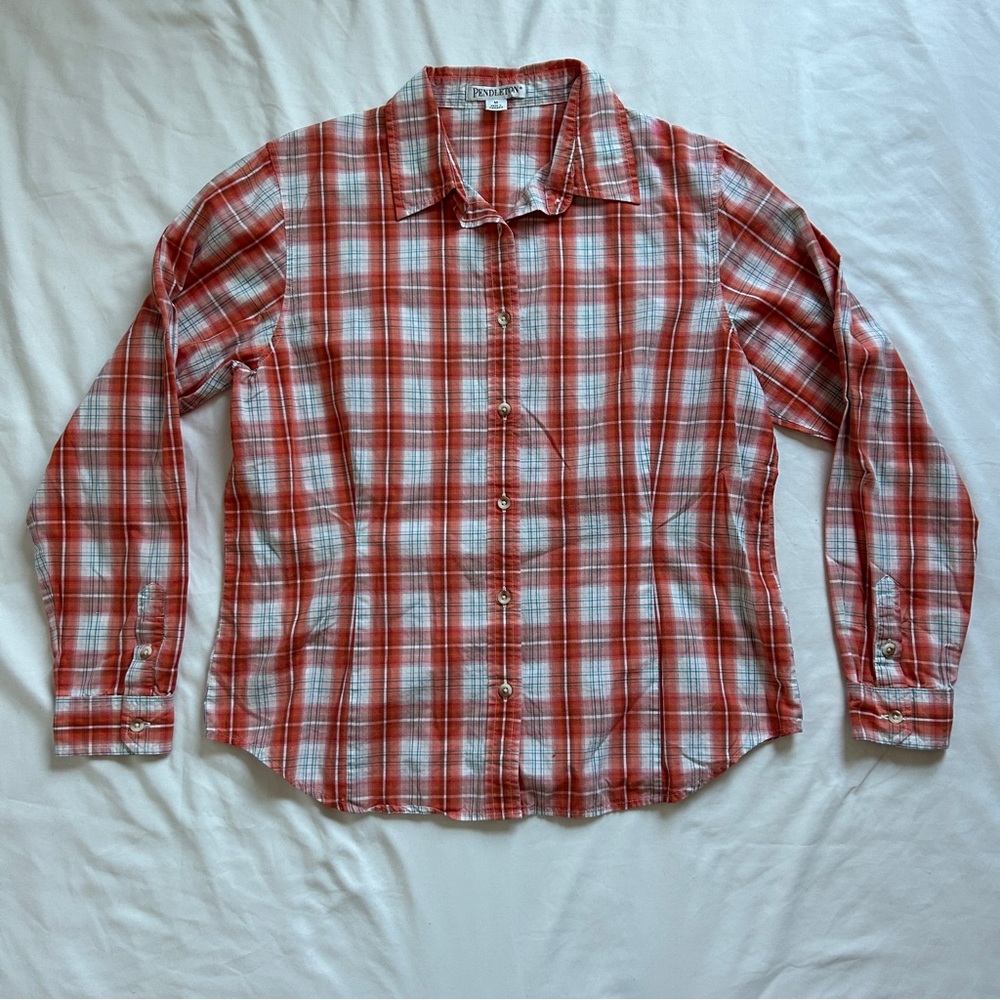 Pendleton women’s orange plaid long sleeve button down shirt